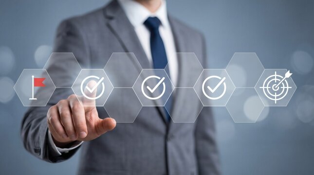Business strategy planning and goal tracking. Businessman selecting digital check marks between flag and target to visualize task completion and strategic execution.
