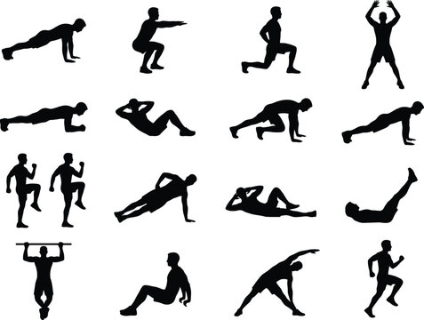 Fitness and Workout Exercises Vector Icon Set - Monochromatic 4x4 Grid