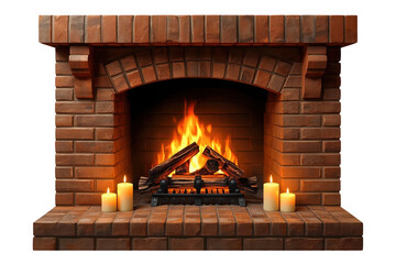 Obraz premium Brick fireplace with burning logs and side candles