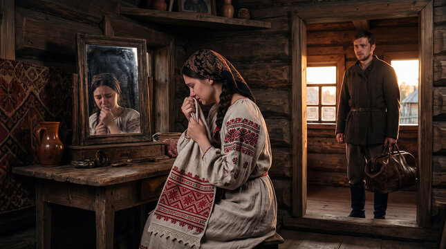 Slavic woman at mirror with candles, man in doorway, traditional embroidered dress, wooden house