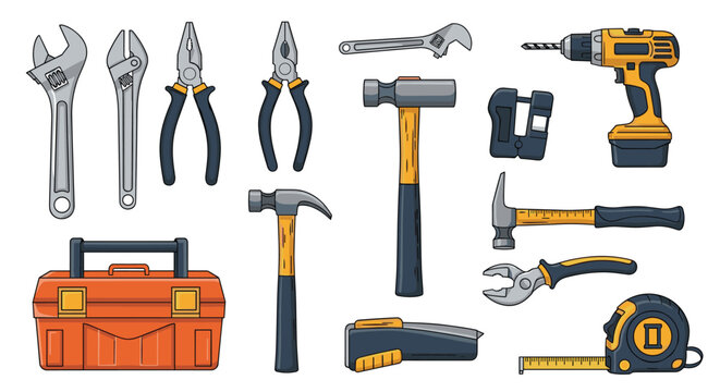 Construction hand tools collection with an orange toolbox, hammers, screwdrivers, wrenches, and measuring tape.