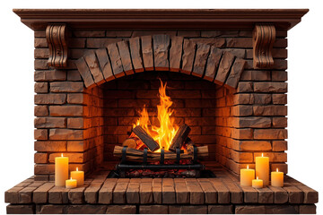 Obraz premium Large traditional brick fireplace with glowing flames