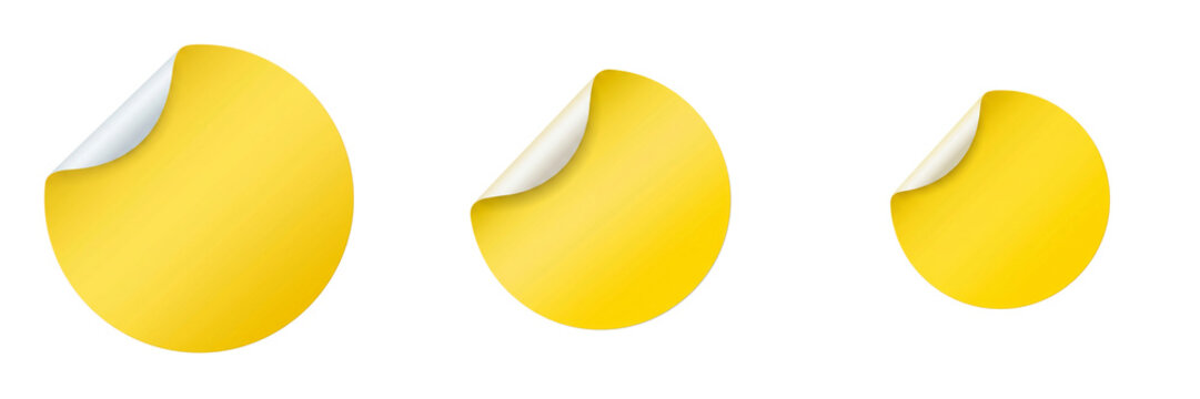 Three yellow stickers of different sizes isolated on transparent background