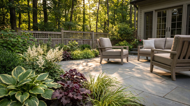 Cozy backyard stone patio with outdoor seating and lush shade plants with hosta and astilbe
