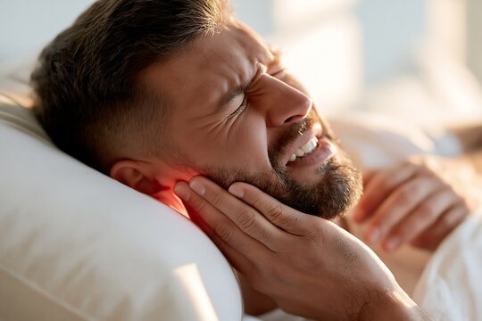 Man lying in bed with severe jaw pain after nighttime teeth grinding, representing bruxism symptoms, TMJ dysfunction, muscle soreness and oral health issues