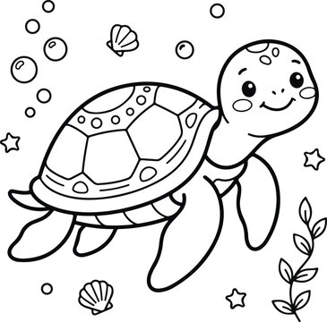 Cute cartoon sea turtle swimming underwater