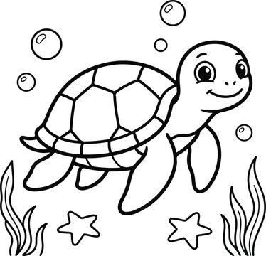 Cute cartoon sea turtle with starfish and bubbles