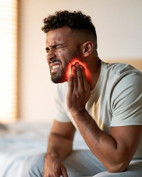 Young man pressing his painful jaw after waking up with bruxism symptoms, illustrating teeth grinding, TMJ pain, muscle tension and need for dental treatment