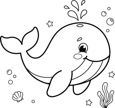 Cute cartoon whale splashing water with bubbles, seashell, and seaweed, coloring page for kids