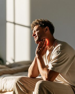 Man suffering from jaw muscle pain after sleep because of bruxism, showing discomfort from teeth grinding, TMJ disorder and chronic facial muscle tension at home