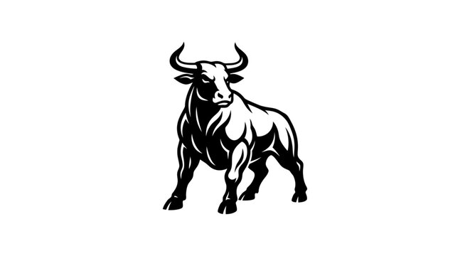 Muscular black bull mascot standing on white background.