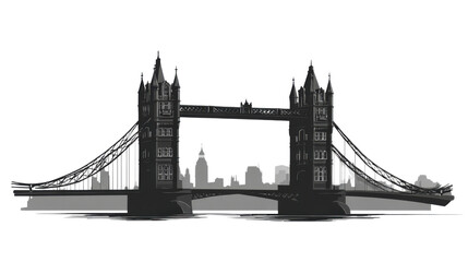 Fototapeta premium Black and white silhouette illustration of Tower Bridge London with city skyline landmark architecture design isolated on white background