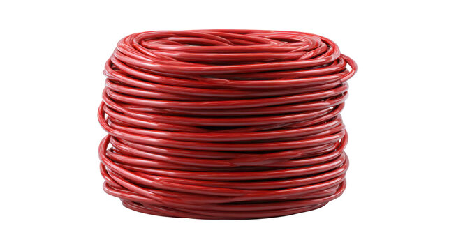 Neatly coiled red rubber wire cable roll for electrical wiring construction and industrial use isolated on white background