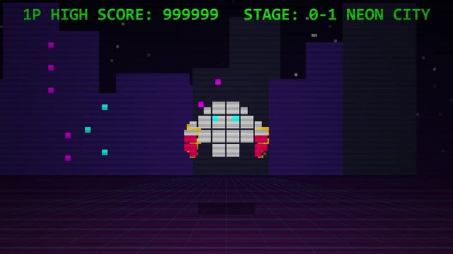 Pixel art robot character flying through neon city retro game level