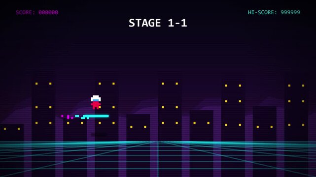 Retro pixel art game scene of character flying in synthwave city