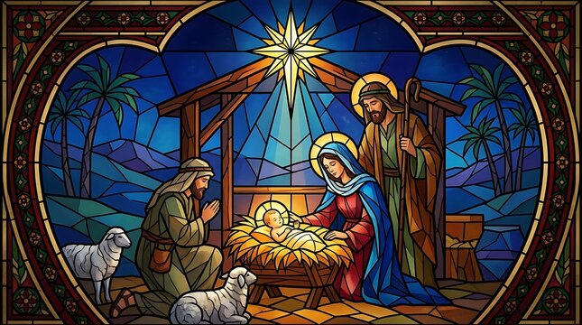 Stained glass nativity scene with baby jesus, mary, joseph, and a shepherd with sheep under the star of bethlehem in a stable at night