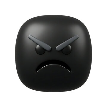 Minimalist 3D Matte Black Angry Face Emoji Character Featuring Sharp Furrowed Brows and A Frowning Expression for Digital Communication