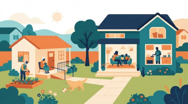 Families engage in activities outside their homes in an affordable housing neighborhood. Children play while adults garden and cook.