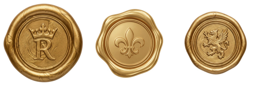Golden wax seals with royal emblems, isolated on transparent background