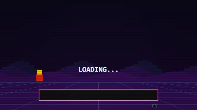 Retro pixel art progress bar loading on a purple synthwave background
