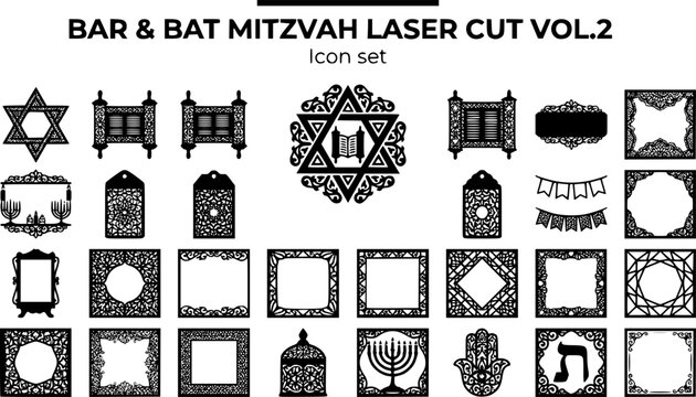 Bar and Bat Mitzvah Full Silhouette Icon Set Vol 3 with Star of David, Torah Scroll, Kiddush Cup and Candle Lighting Ceremony, 20 Icons for Jewish Celebration, Flat Vector
