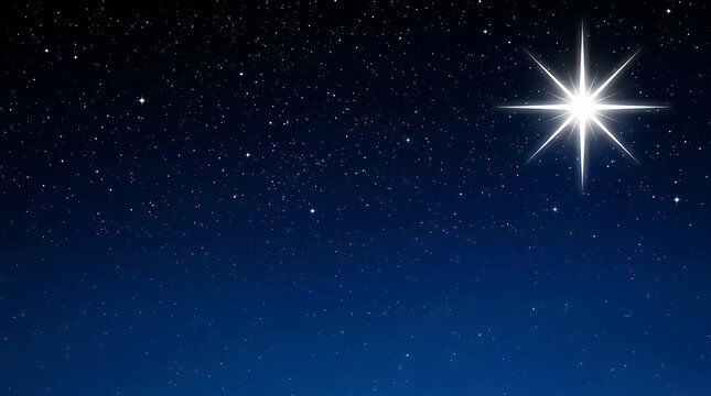 Bright christmas star shining in the dark night sky with many stars, celestial background for religious or festive concepts