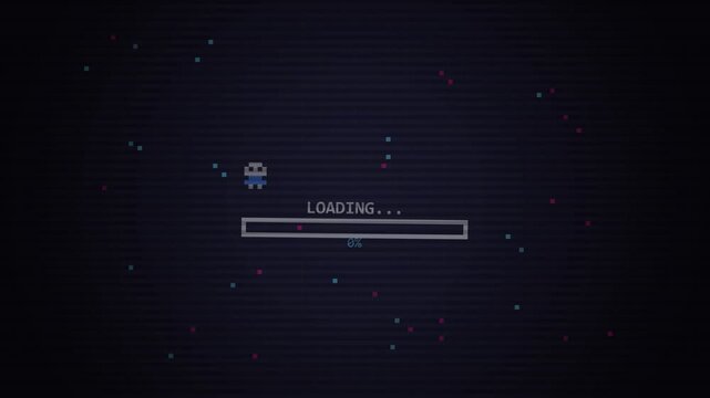 Retro pixel art loading screen with progress bar and walking robot