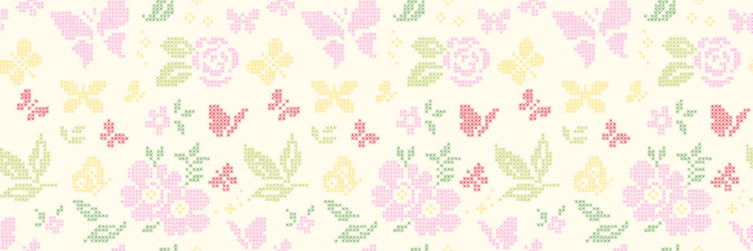 Hand drawn cross-stitch embroidery seamless pattern. Roses flower and butterflies ornament. Trendy craft  and artisan intelligence background.