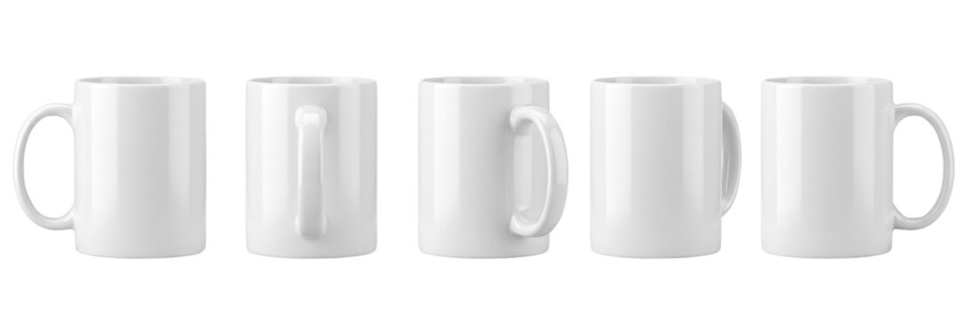 Set of five white ceramic mugs from different angles, isolated on white background