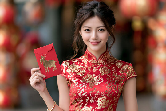Cheerful asian woman in traditional tang suit holding red hongbao envelope with golden goat sign on blurred background. 2027 Year of the Goat. Chinese New Year. Lifestyle portrait for poster