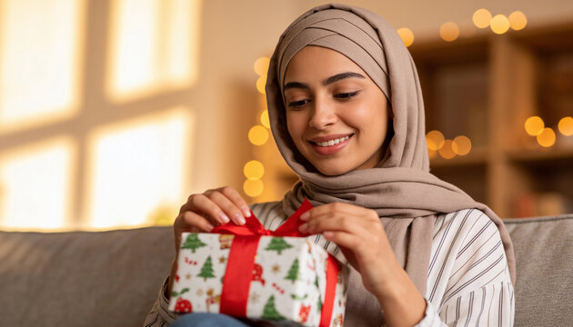 Smiling Muslim woman wearing beige hijab unwrapping festive Christmas gift box in cozy home with warm golden lighting