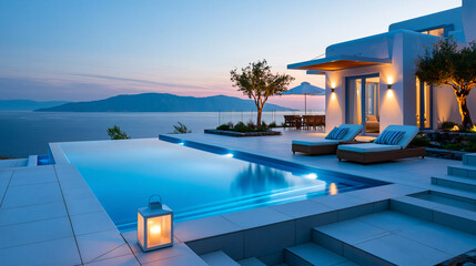Fototapeta premium Luxurious modern villa with mountain view, infinity pool, outdoor lounge area at dusk, serene coastal destination, with copy space