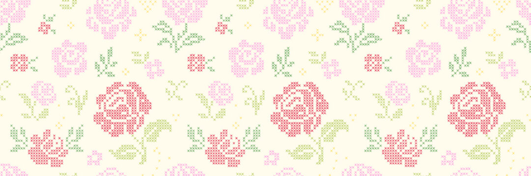 Hand drawn cross-stitch embroidery seamless pattern. Roses flower ornament. Trendy craft  and artisan intelligence background.