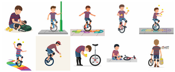 Set of vector illustrations of a boy learning to ride a unicycle and juggle balls © Krrista