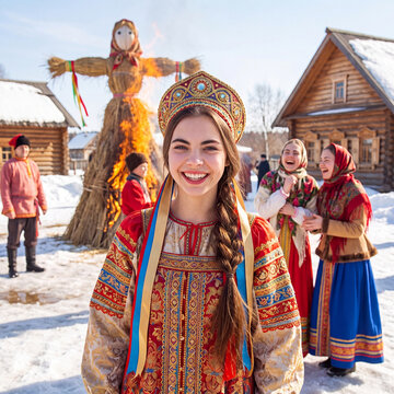 The traditional Slavic folk holiday of Maslenitsa. Russian girl in a kokoshnik and a sarafan