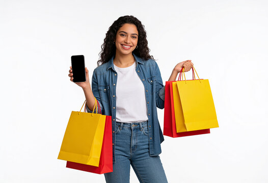 Happy woman holding colorful shopping bags showing blank smartphone screen isolated on white background shopping app