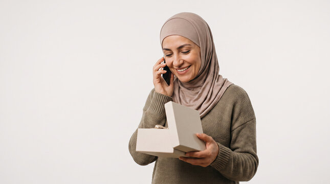 Smiling middle aged Muslim woman in hijab talking on smartphone while opening gift box in bright white studio setting