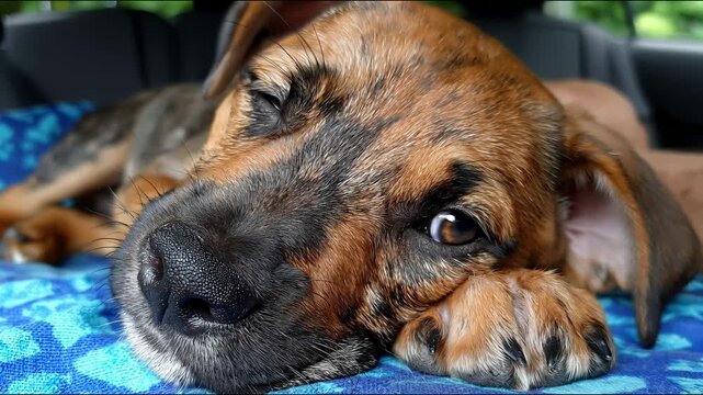 A close-up view captures a sleepy brindle puppy resting its head on a blue cushion inside a car, slowly blinking and nodding off.