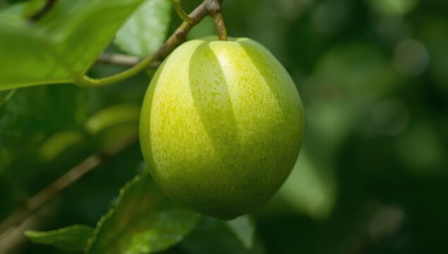 Close-up of green Jew Plum or June Plum against a green backdrop.