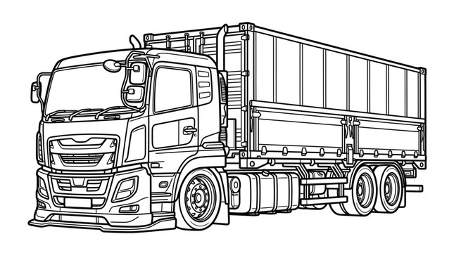 Detailed Line Art of a Modern Semi-Truck with a Flatbed Trailer.