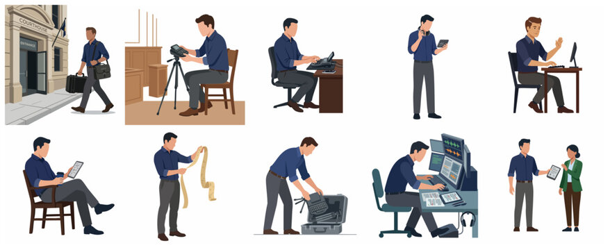 Professional court reporter at work in various settings using stenotype machine and transcribing testimony.