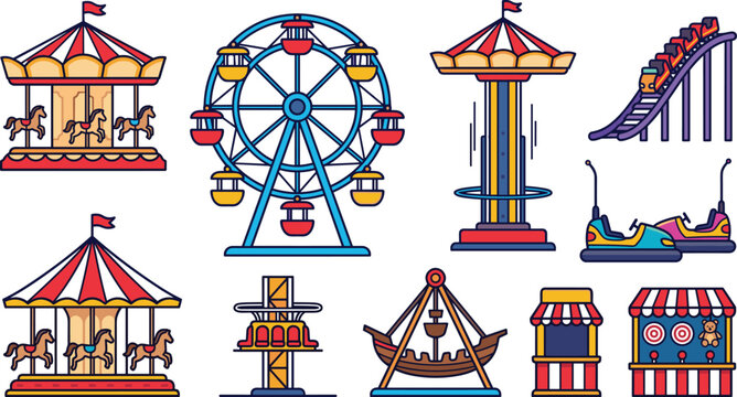 Amusement park ride collection featuring Ferris wheel, carousel, roller coaster, bumper cars, drop tower, pirate ship, and carnival attractions flat vector illustration
