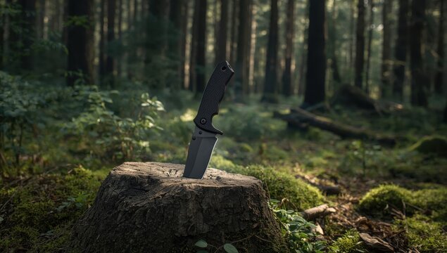 Combat knife embedded in a tree stump in the woods.