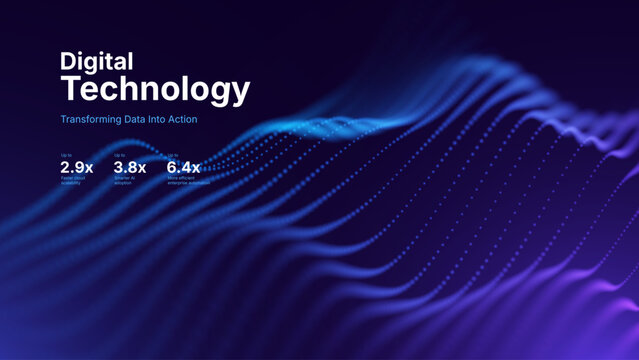 Blue Purple Particles Digital Technology Banner Background. Futuristic Data Flow Abstract Wave Design. Vector Illustration.