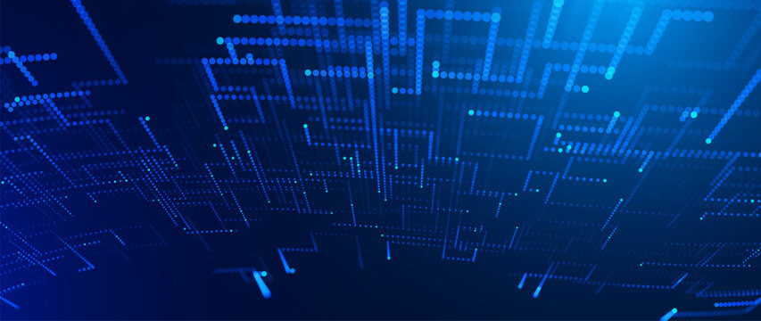 Digital Tech Background. Blue Glowing Pixel Circuit Dot Pattern. Data Lines for Tech Innovation, Science Research, AI Artificial Intelligence and Big Data Presentation. Vector Illustration