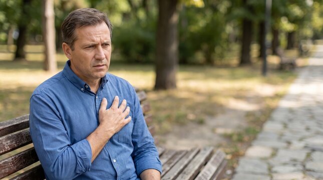 Mature man suffering from sudden heart attack or chest pain while sitting on a park bench outdoors