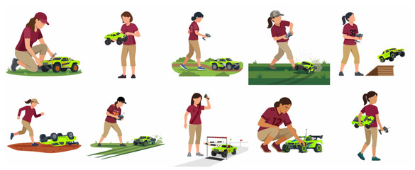 Collection of women and girls playing with remote control cars, RC monster truck racing, repairing hobby toys, and outdoor activities flat vector illustration set © Rudii