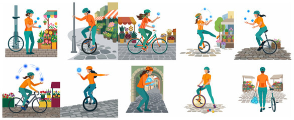 Set of flat vector illustrations featuring a young woman juggling while riding a bicycle and unicycle in a charming urban street with flower shops. © Rudii