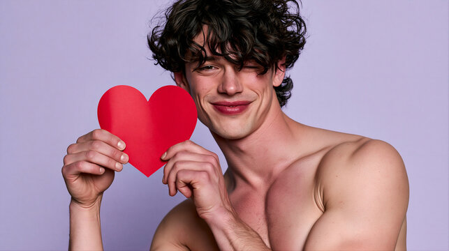 Dreamy shirtless guy with curly hair holding red paper heart on lavender background. Romantic holiday and love concept. For Valentine's Day. Studio portrait for poster, card