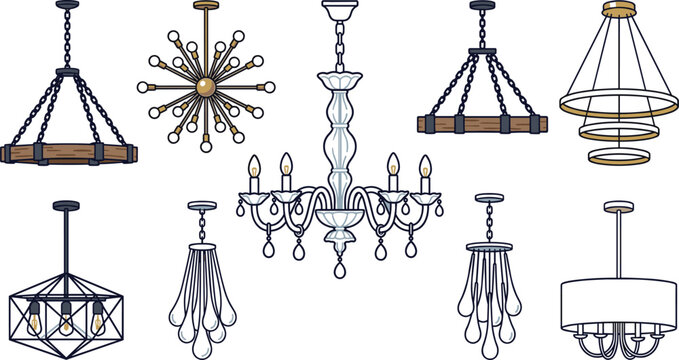 Chandelier and pendant light collection featuring crystal chandelier, modern ceiling lamps, industrial hanging lights, and decorative lighting fixtures flat vector illustration